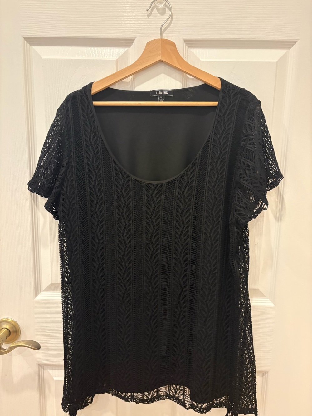 Elementz Black Lace Overlay Short Sleeve Scoop Neck Top XL